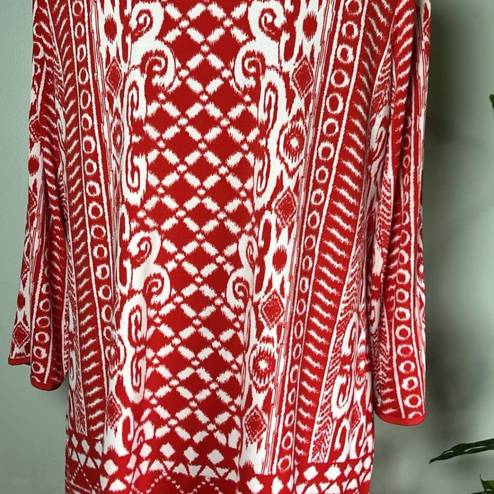 Susan Graver Ikat Red and White Tunic SZ SM 3/4 Sleeve Business Wear Lagenlook - Picture 5 of 9